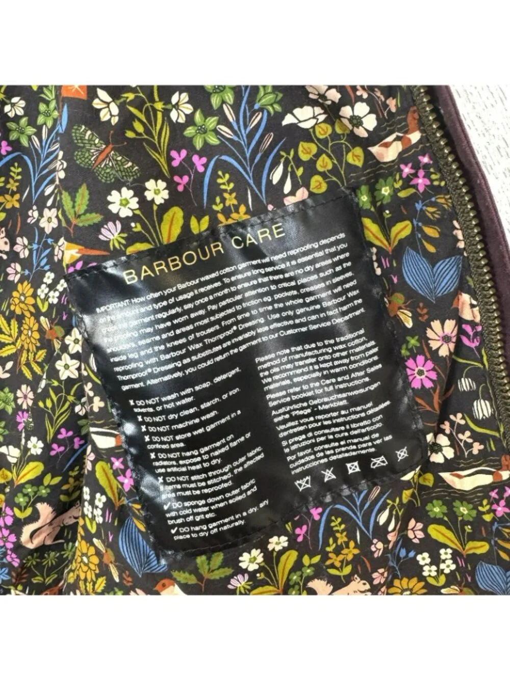 Barbour Kids XL 12/13 Beadnell Wax Jacket Colorblock Floral Woodland Lining - Picture 10 of 11